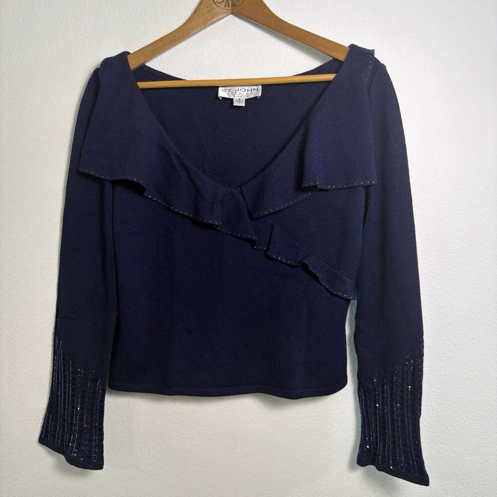 Vintage St. John Evening Navy Sweater Ruffles Sequins Crop Sz 6 Luxury Capsule
